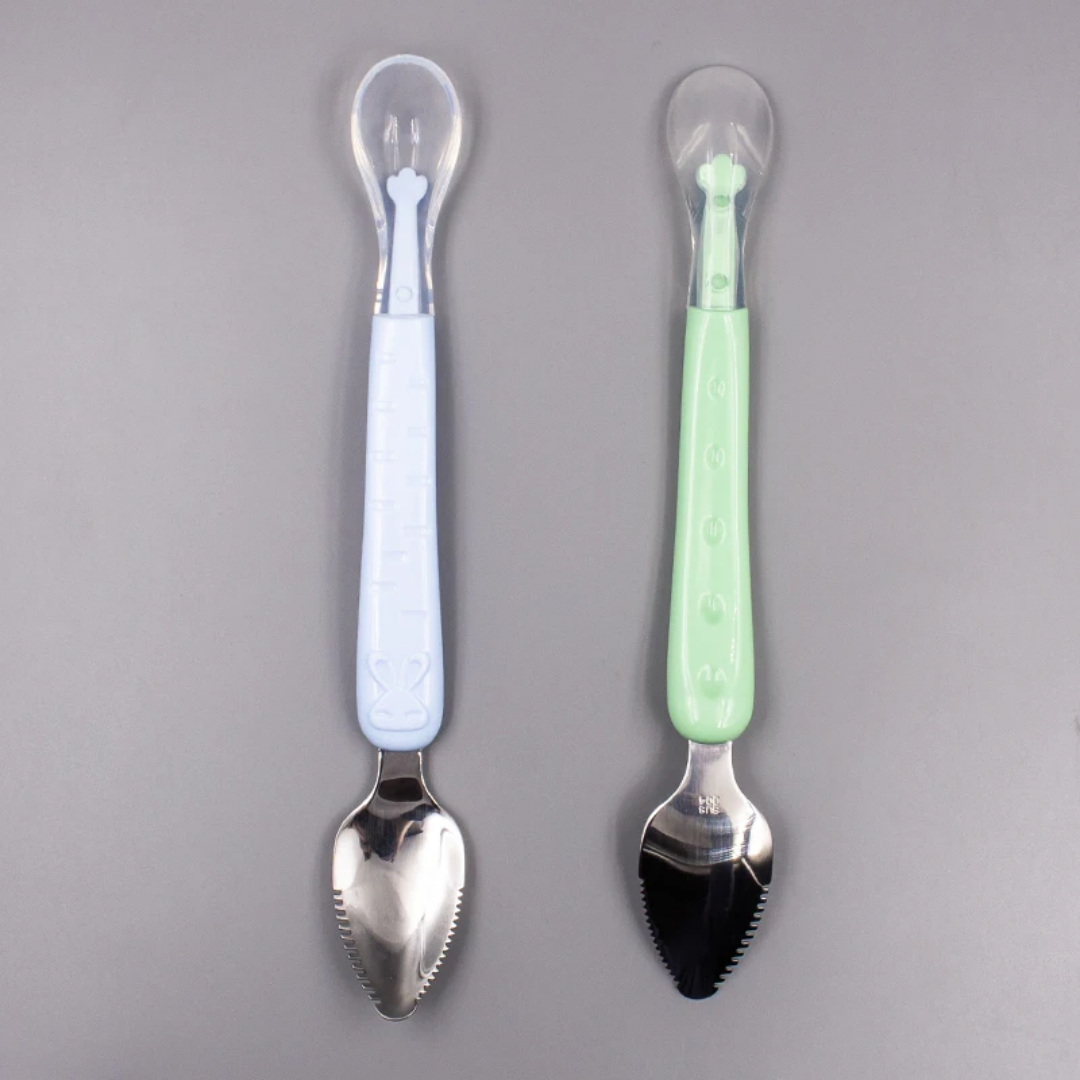 Dual head baby feeding spoon, stainless steel end for scrapping, soft silicon end for feeding, comes in blue, pink