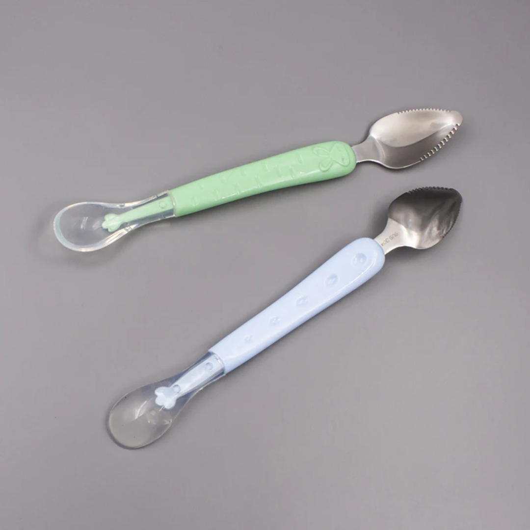 Dual head baby feeding spoon, stainless steel end for scrapping, soft silicon end for feeding, comes in blue, pink