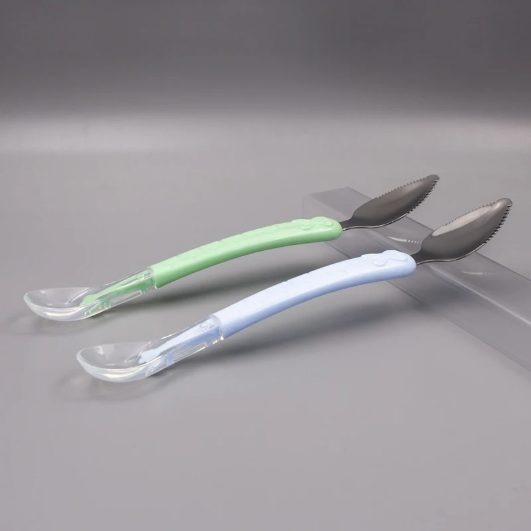 Dual head baby feeding spoon, stainless steel end for scrapping, soft silicon end for feeding, comes in blue, pink