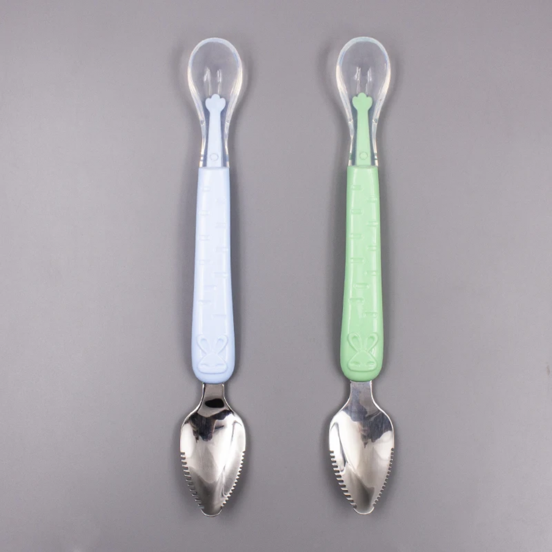 Dual head baby feeding spoon, stainless steel end for scrapping, soft silicon end for feeding, comes in blue, pink