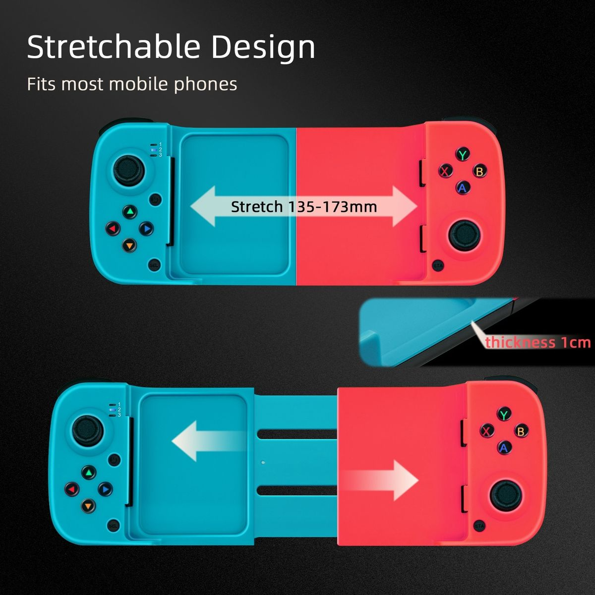 Telescopic Bluetooth Mobile Game Controller, Stretchable Wireless Gamepad for Android & iOS Phones, Rechargeable Gaming Joystick with Adjustable Grip