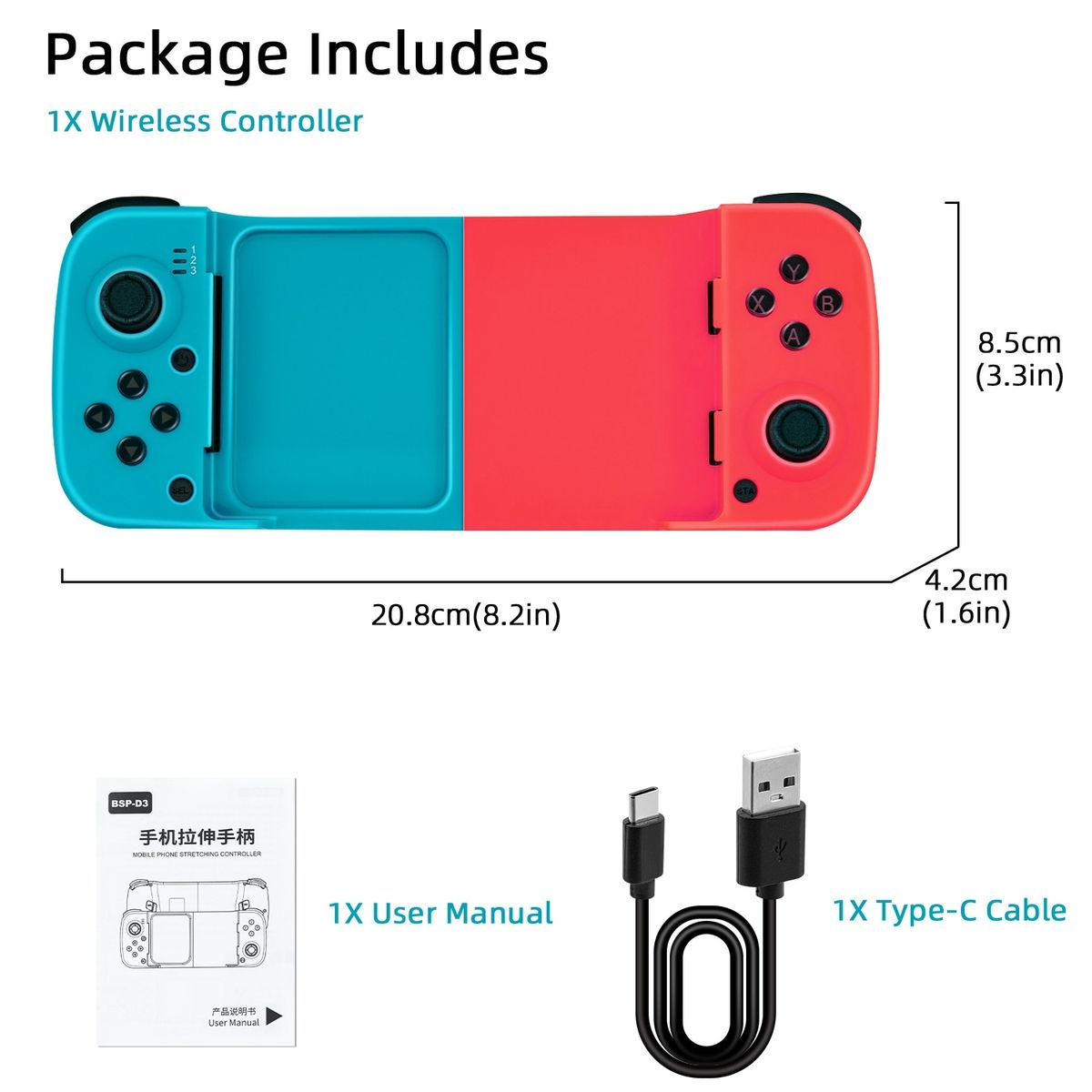 Telescopic Bluetooth Mobile Game Controller, Stretchable Wireless Gamepad for Android & iOS Phones, Rechargeable Gaming Joystick with Adjustable Grip