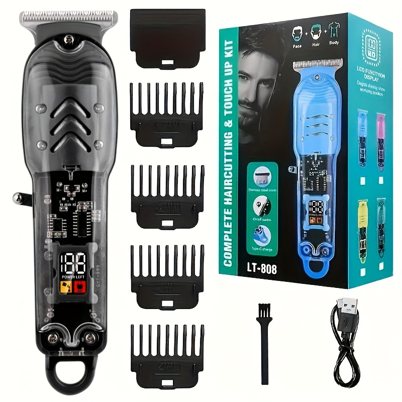 Professional Transparent Hair Clipper for Men – Hollow-Out Design, LED Display, USB Rechargeable, T-Blade Cordless Trimmer with 4 Guide Combs