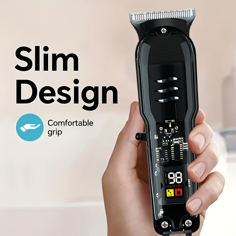 Professional Transparent Hair Clipper for Men – Hollow-Out Design, LED Display, USB Rechargeable, T-Blade Cordless Trimmer with 4 Guide Combs