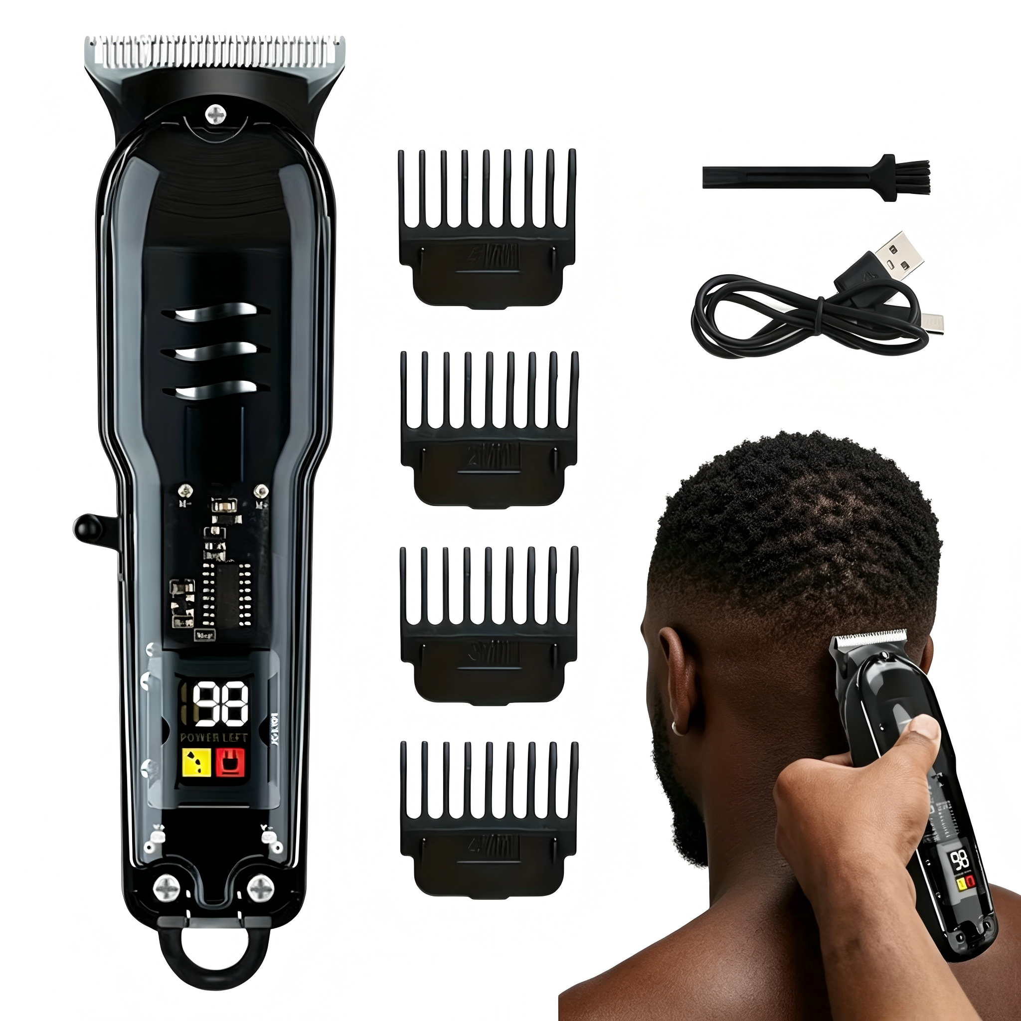 Professional Transparent Hair Clipper for Men – Hollow-Out Design, LED Display, USB Rechargeable, T-Blade Cordless Trimmer with 4 Guide Combs