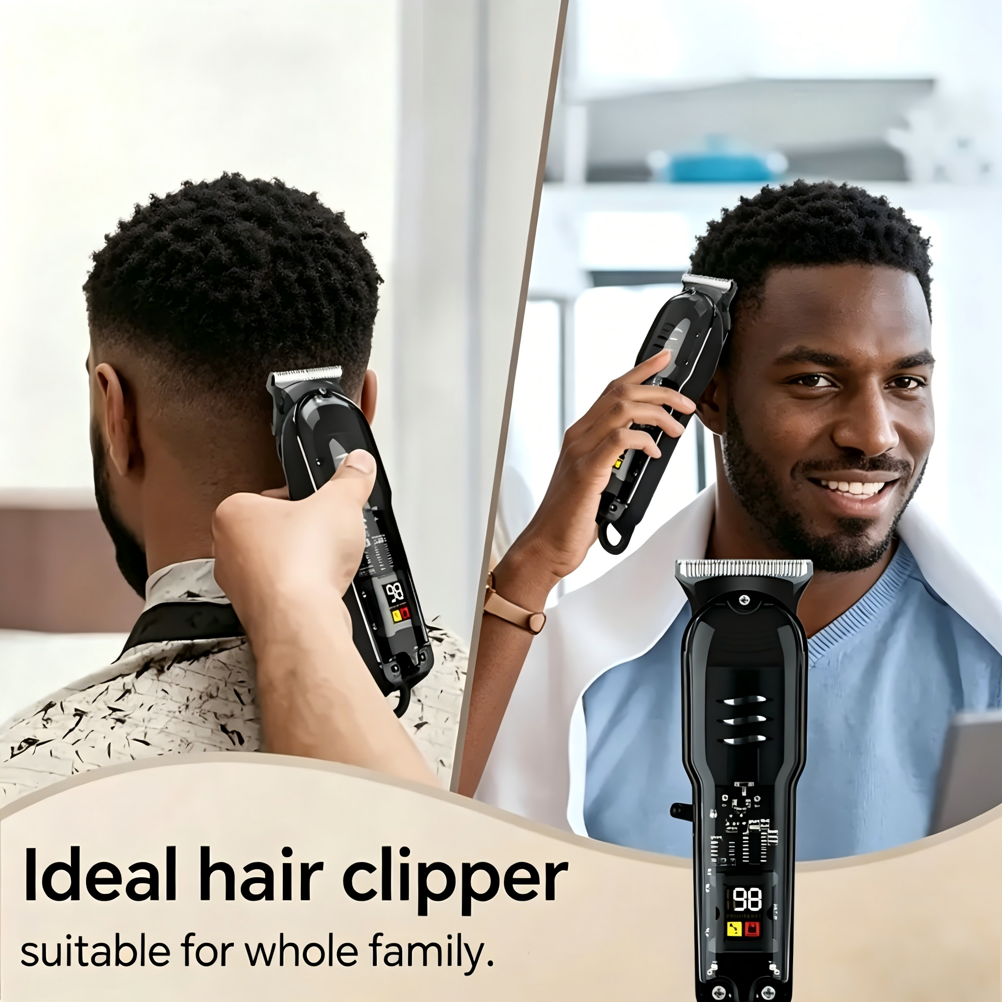 Professional Transparent Hair Clipper for Men – Hollow-Out Design, LED Display, USB Rechargeable, T-Blade Cordless Trimmer with 4 Guide Combs