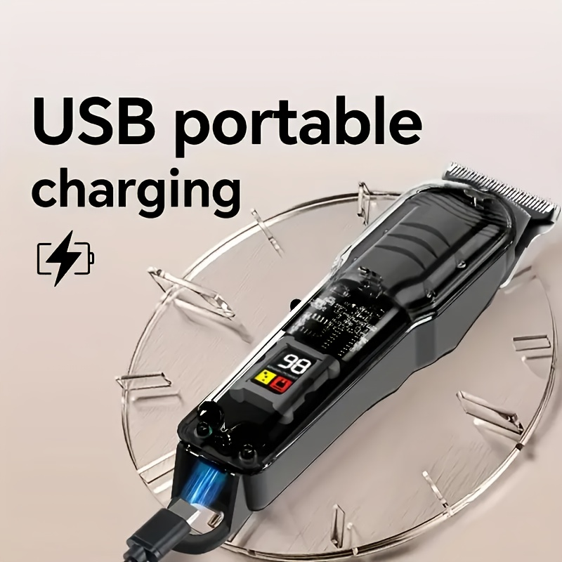 Professional Transparent Hair Clipper for Men – Hollow-Out Design, LED Display, USB Rechargeable, T-Blade Cordless Trimmer with 4 Guide Combs