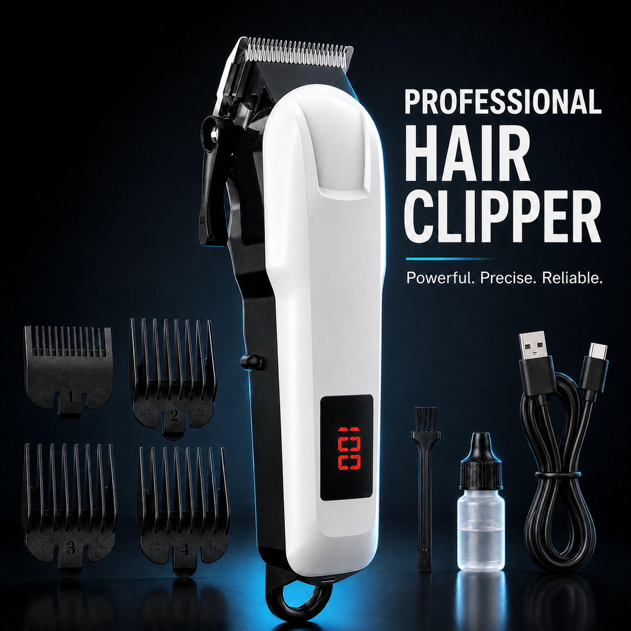 Professional Rechargeable Hair Clipper for Men – Cordless Barber Trimmer Kit with Digital Display, USB Charging & 4 Guide Combs