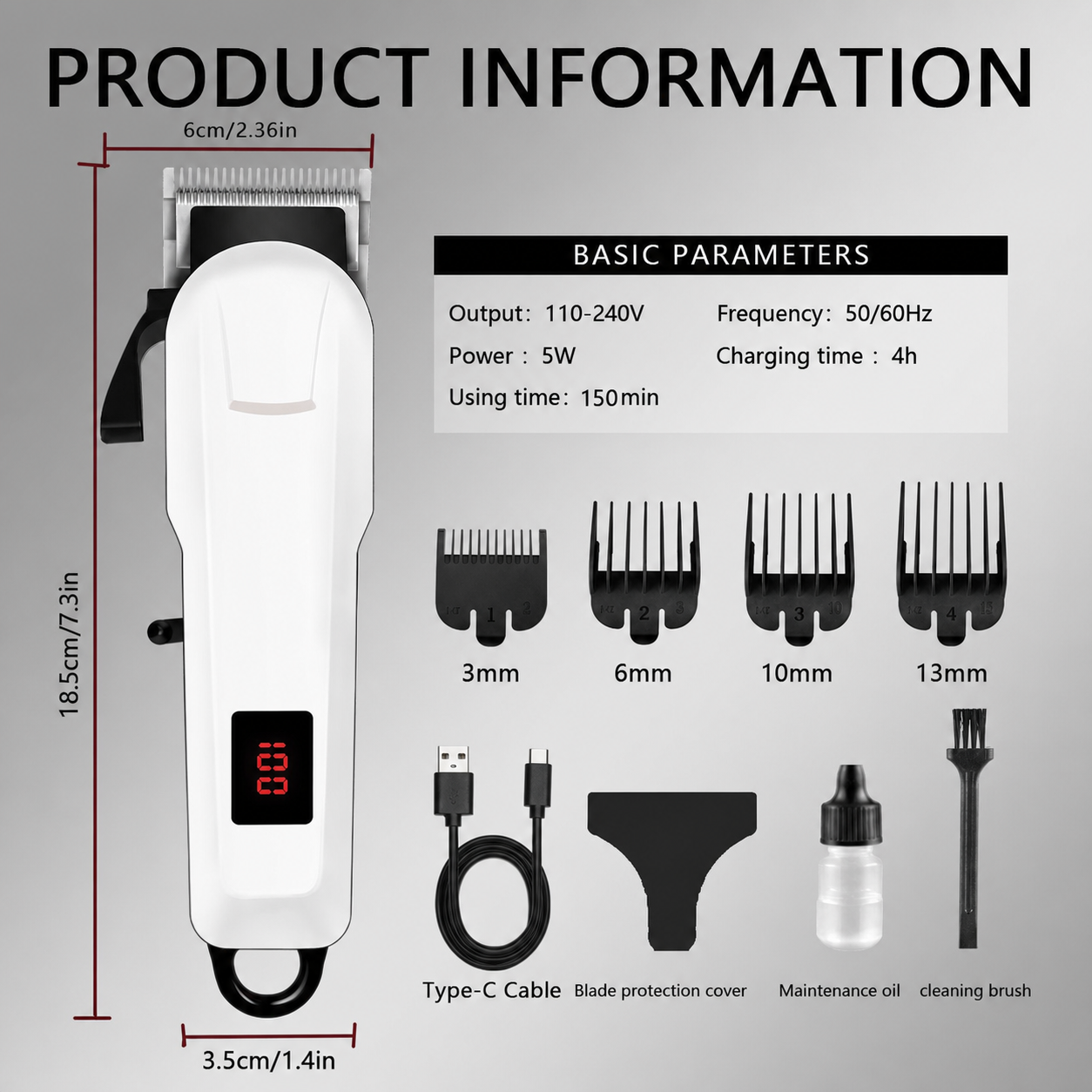 Professional Rechargeable Hair Clipper for Men – Cordless Barber Trimmer Kit with Digital Display, USB Charging & 4 Guide Combs
