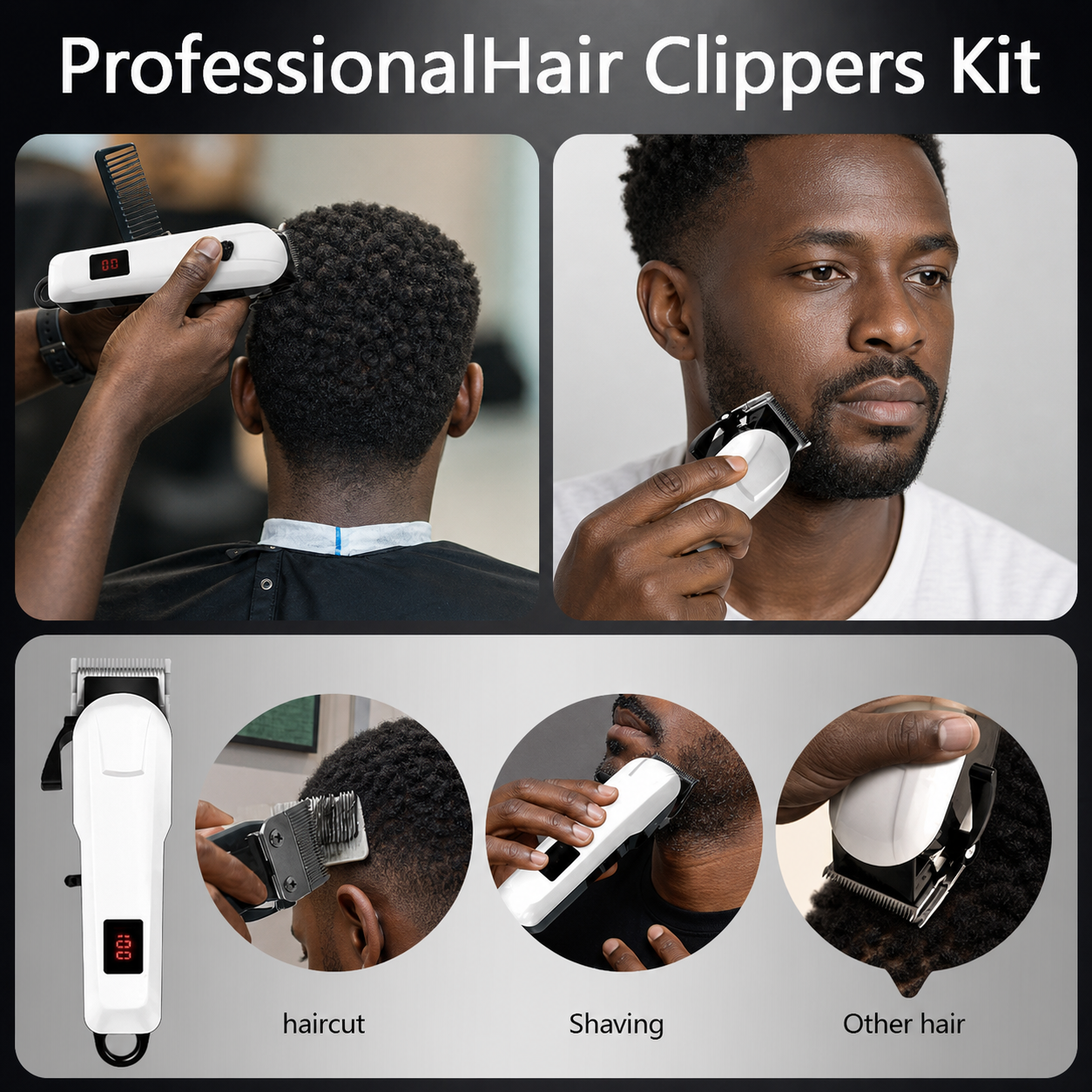 Professional Rechargeable Hair Clipper for Men – Cordless Barber Trimmer Kit with Digital Display, USB Charging & 4 Guide Combs