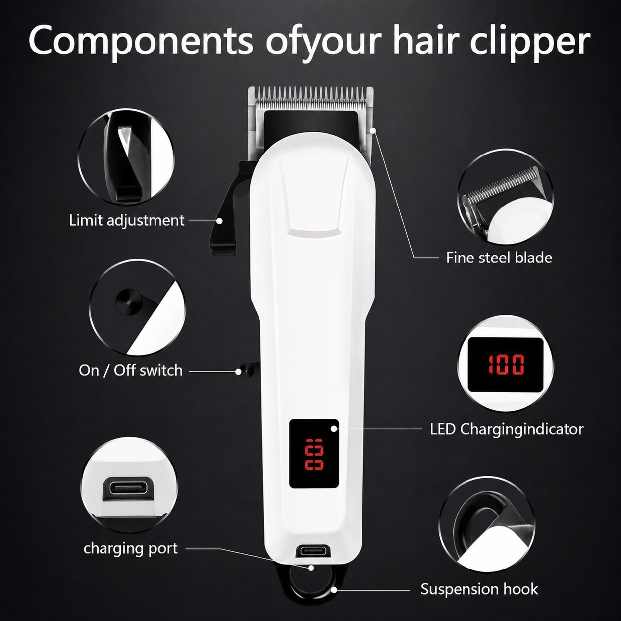 Professional Rechargeable Hair Clipper for Men – Cordless Barber Trimmer Kit with Digital Display, USB Charging & 4 Guide Combs