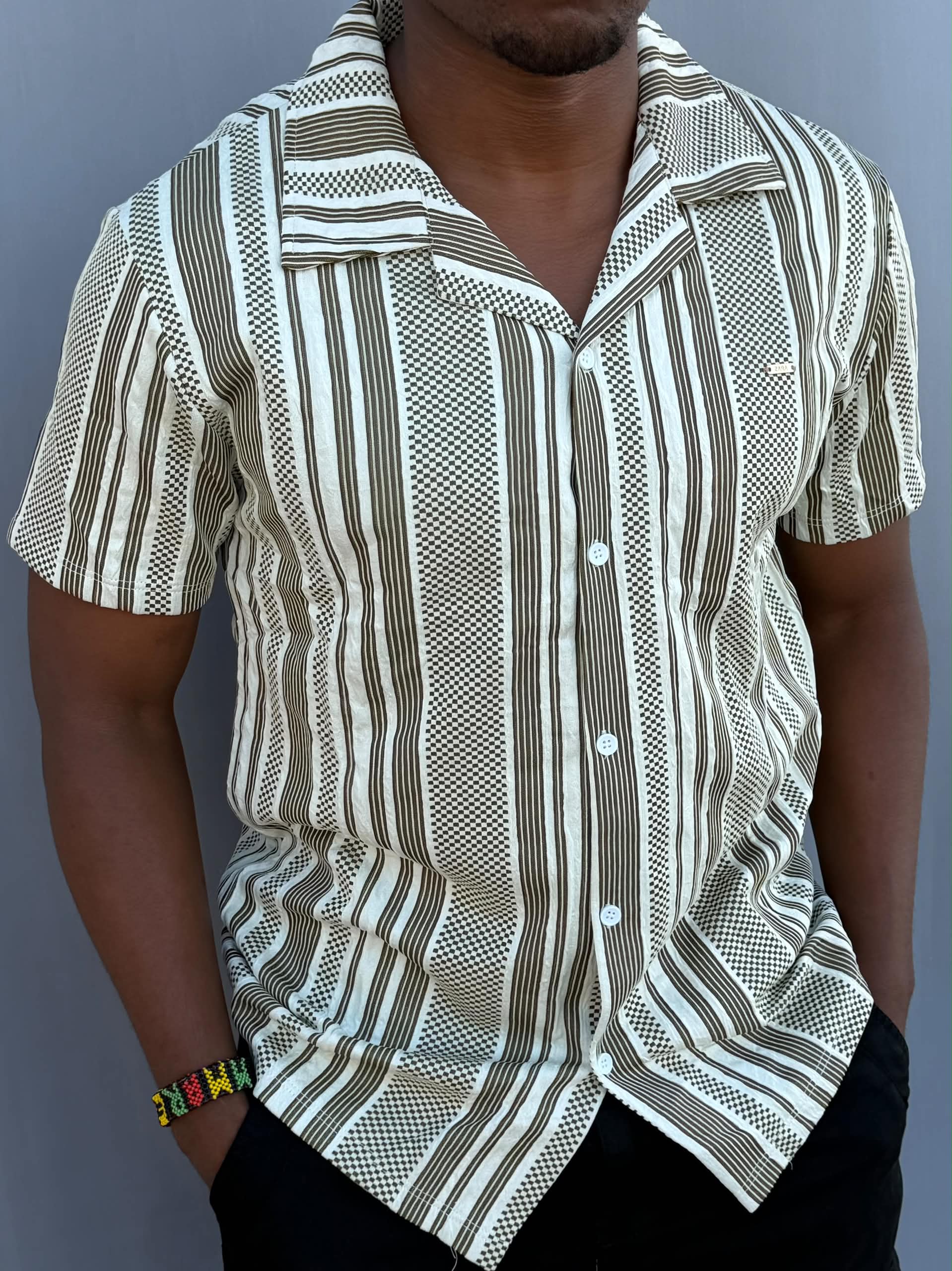 New Arrival Premium Quality Men's Boutique Short Sleeved Striped Camp Collar Shirts; Non-Fade Fabric Men's Clothing /Men's Shirts