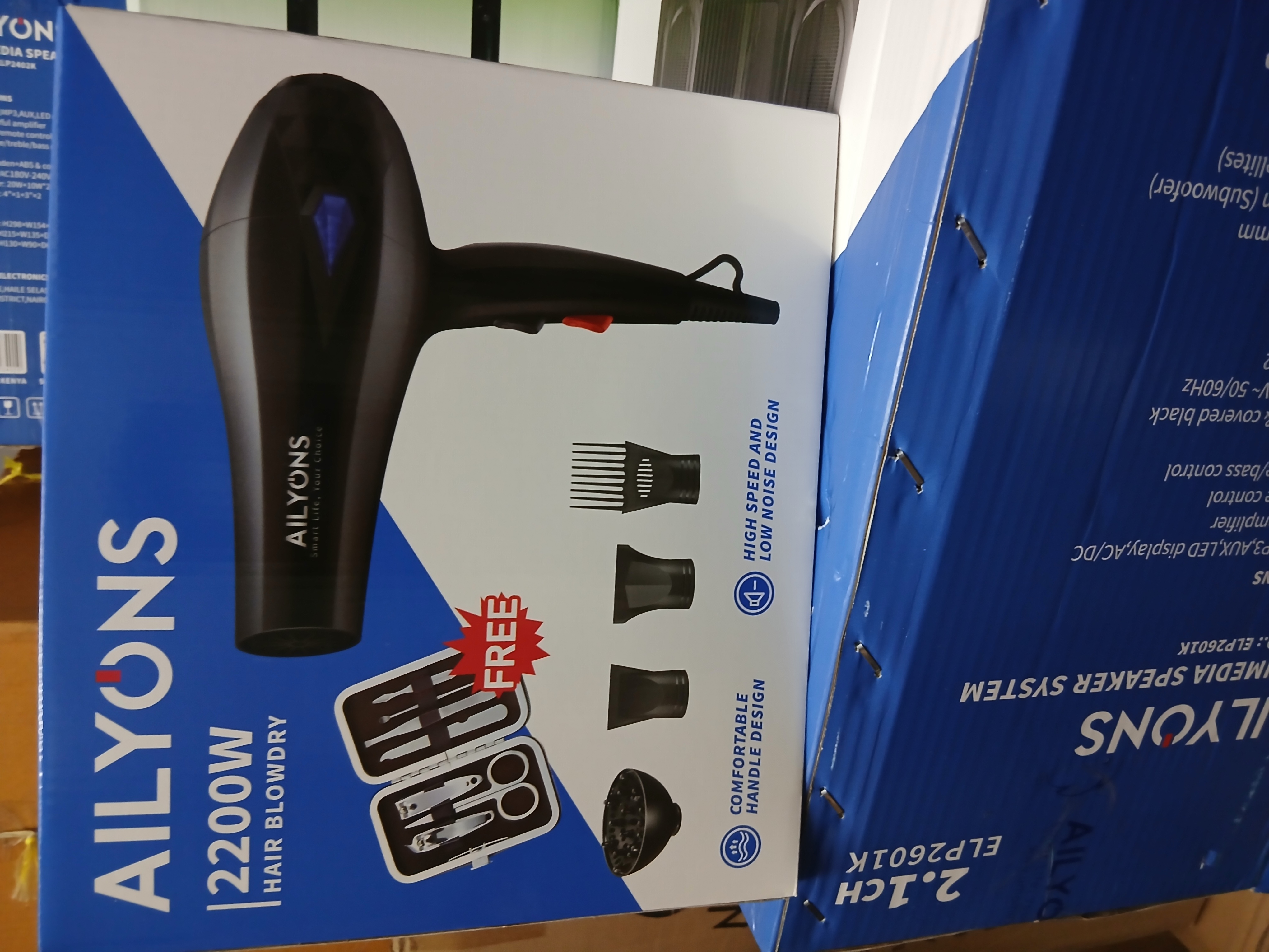 Ailyons Professional Hair BlowDry Hair Dryer with accessories
Features a 2200W motor for fast drying and efficient styling.
 3 heat settings and 3 speed levels.
Comes with styling nozzle and comb a
