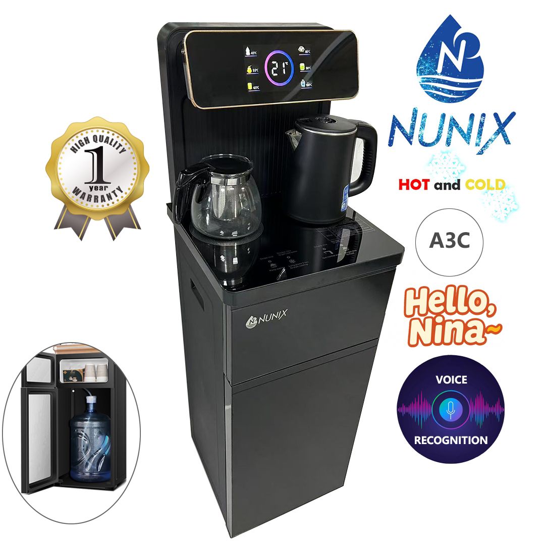 Nunix A3C hot and cold bottom-load water dispenser featuring voice recognition technology.
Voice Control: The dispenser includes a "Hello, Nina" voice recognition feature for hands-free operation.
Con
