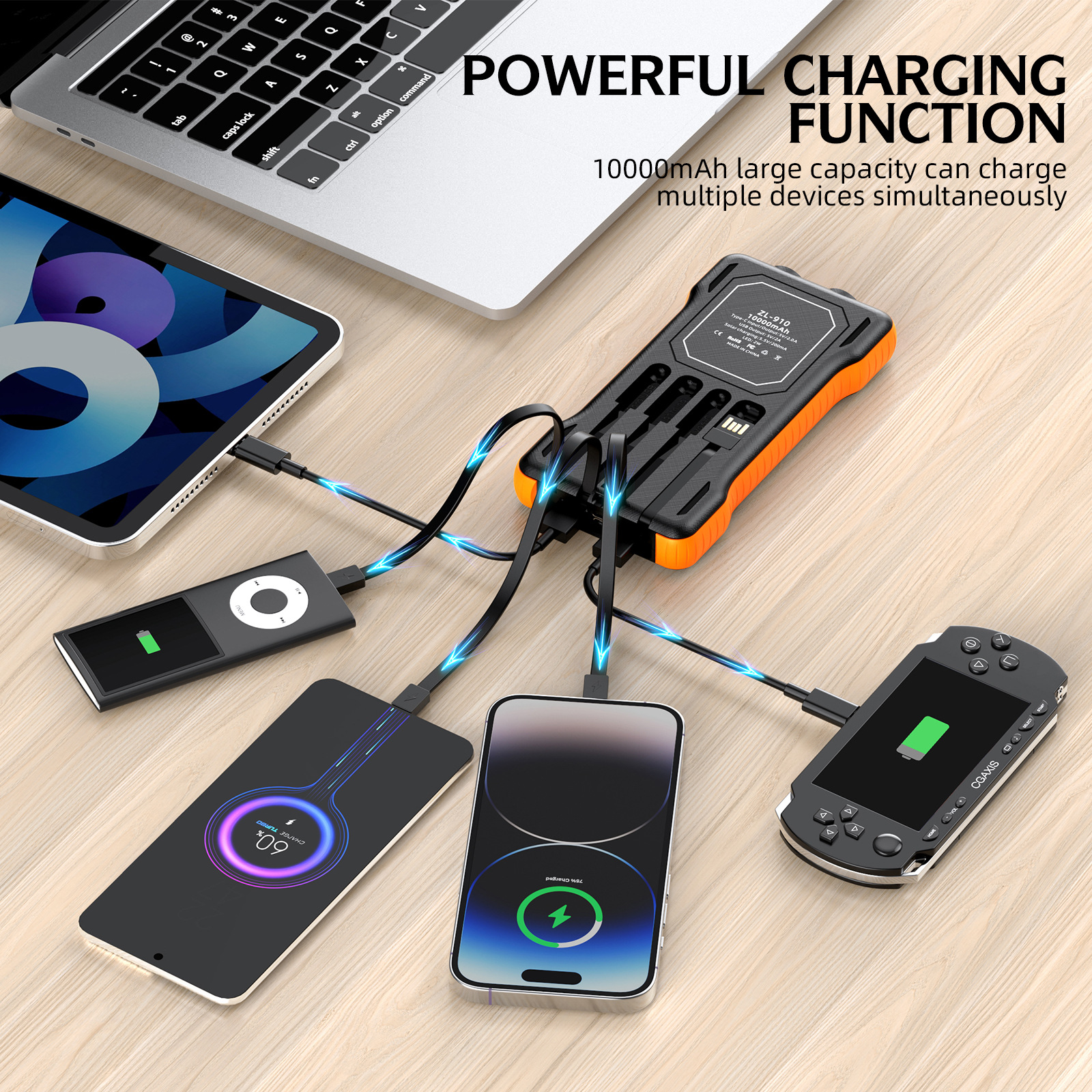 Multi functional solar mobile power supply kit, emergency light with built-in cable, solar power bank, portable, lightweight, portable, and durable charging capacity