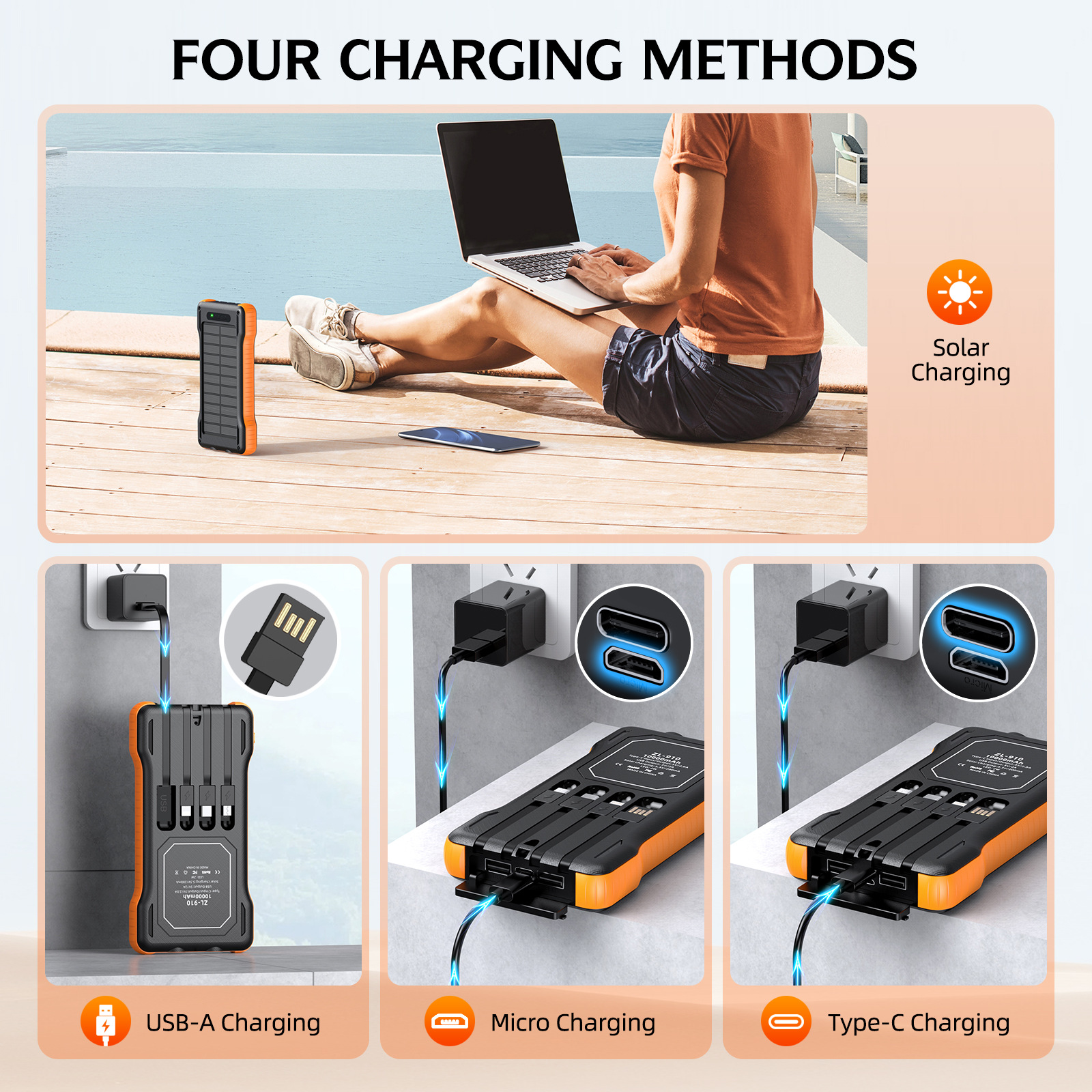 Multi functional solar mobile power supply kit, emergency light with built-in cable, solar power bank, portable, lightweight, portable, and durable charging capacity