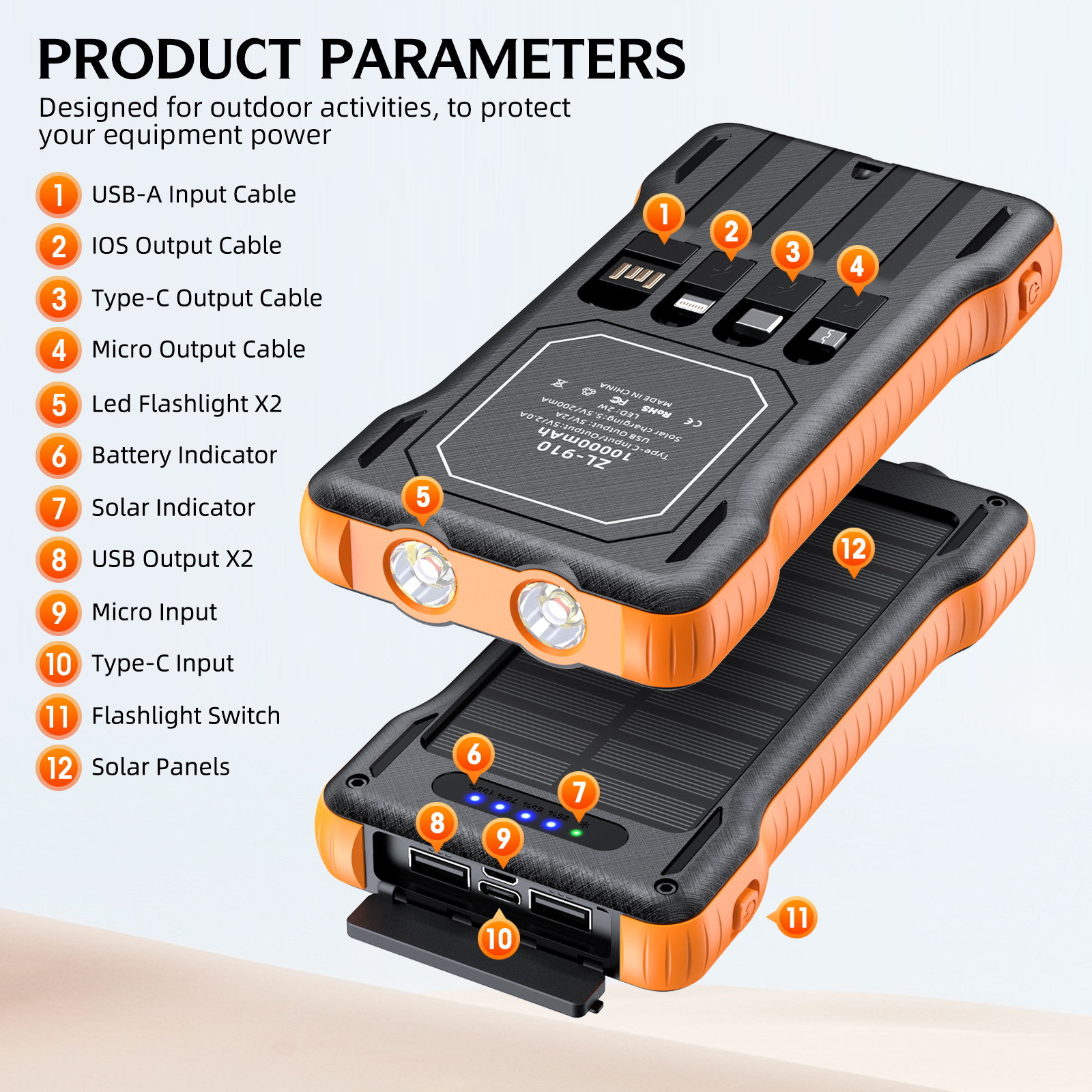 Multi functional solar mobile power supply kit, emergency light with built-in cable, solar power bank, portable, lightweight, portable, and durable charging capacity