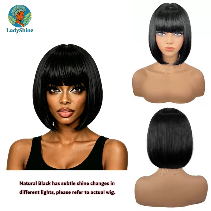 【LadyShine】New Arrival 10Inch Short Straight Bob Wigs Full Fringe Bangs, Matte Synthetic Two Color Options, Natural Look Glueless Rose Mesh Cap for Office Student Daily Shopping Party African Ladies