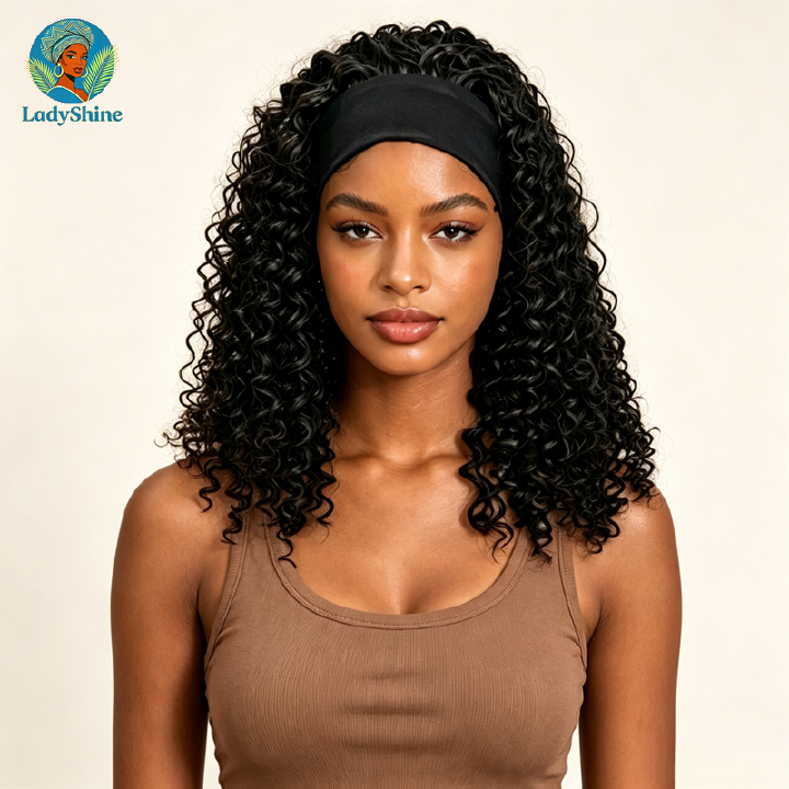 【LadyShine】14 Inch Fluffy Kinky Curly Headband Wig Matte Finish Synthetic Hair Natural Look Seamless Ice Silk Headband Glueless Breathable Adjustable Rose Net Daily Wear Wigs For African Black Women