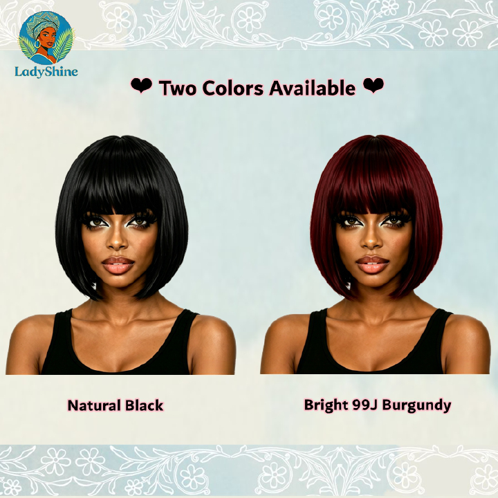 【LadyShine】New Arrival 10Inch Short Straight Bob Wigs Full Fringe Bangs, Matte Synthetic Two Color Options, Natural Look Glueless Rose Mesh Cap for Office Student Daily Shopping Party African Ladies