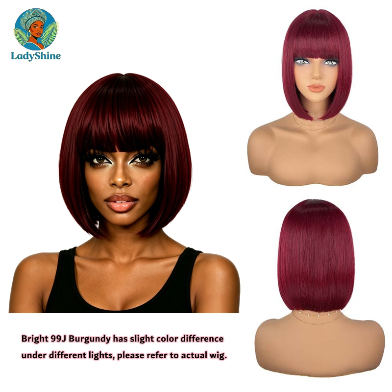 【LadyShine】New Arrival 10Inch Short Straight Bob Wigs Full Fringe Bangs, Matte Synthetic Two Color Options, Natural Look Glueless Rose Mesh Cap for Office Student Daily Shopping Party African Ladies