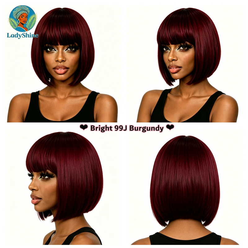 【LadyShine】New Arrival 10Inch Short Straight Bob Wigs Full Fringe Bangs, Matte Synthetic Two Color Options, Natural Look Glueless Rose Mesh Cap for Office Student Daily Shopping Party African Ladies
