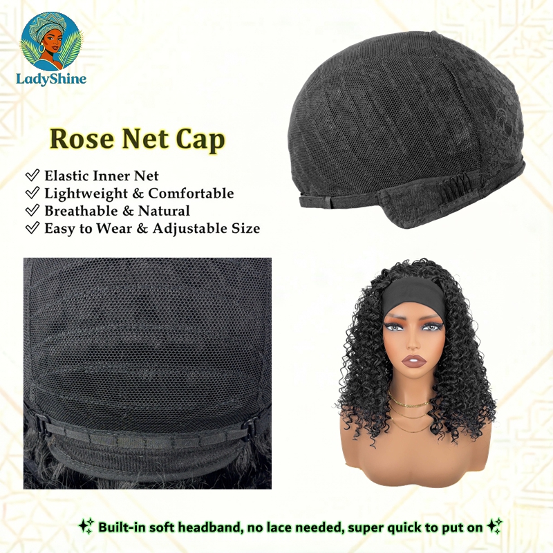 【LadyShine】14 Inch Fluffy Kinky Curly Headband Wig Matte Finish Synthetic Hair Natural Look Seamless Ice Silk Headband Glueless Breathable Adjustable Rose Net Daily Wear Wigs For African Black Women