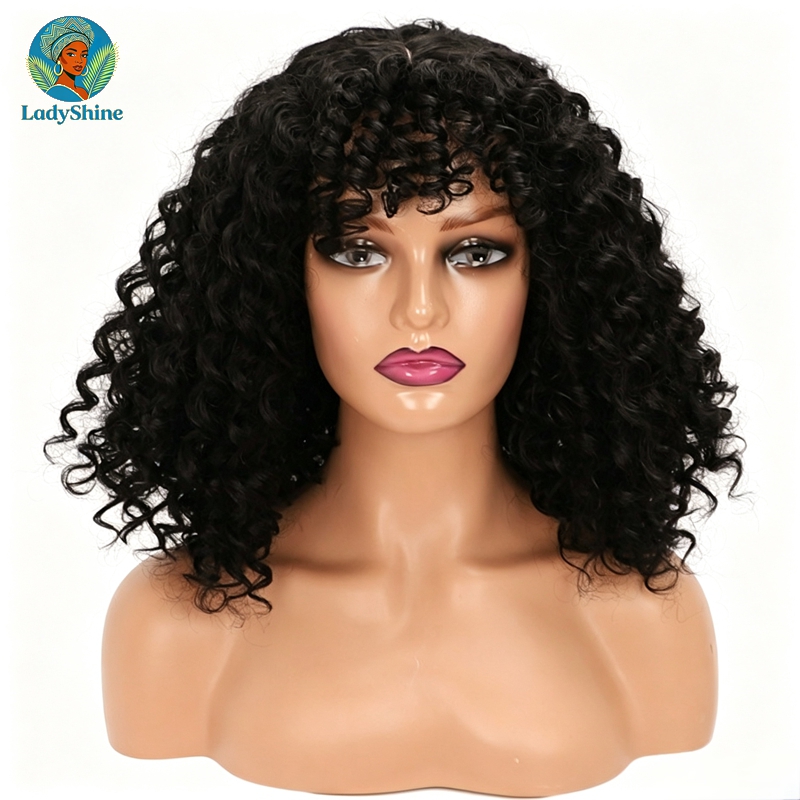 【LadyShine】16Inch Fluffy Afro Kinky Curly Bang Wig,Matte No Gloss High Temp Hair,Realistic Scalp Natural Hairline,Breathable Adjustable Rose Net Black Wig For African Women Daily Outdoor & Office Use