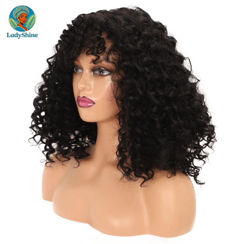 【LadyShine】16Inch Fluffy Afro Kinky Curly Bang Wig,Matte No Gloss High Temp Hair,Realistic Scalp Natural Hairline,Breathable Adjustable Rose Net Black Wig For African Women Daily Outdoor & Office Use
