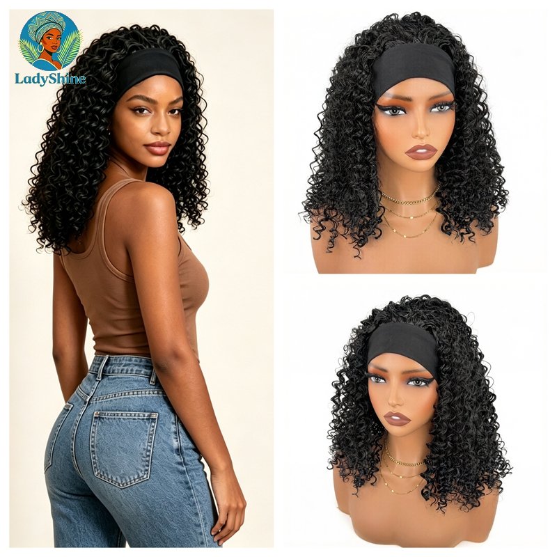 【LadyShine】14 Inch Fluffy Kinky Curly Headband Wig Matte Finish Synthetic Hair Natural Look Seamless Ice Silk Headband Glueless Breathable Adjustable Rose Net Daily Wear Wigs For African Black Women