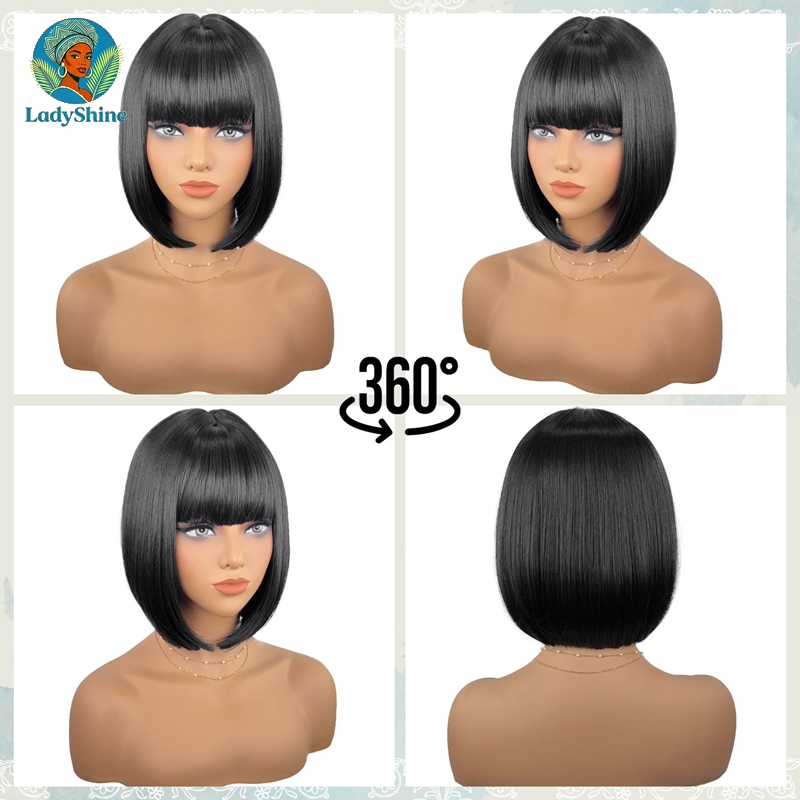 【LadyShine】New Arrival 10Inch Short Straight Bob Wigs Full Fringe Bangs, Matte Synthetic Two Color Options, Natural Look Glueless Rose Mesh Cap for Office Student Daily Shopping Party African Ladies