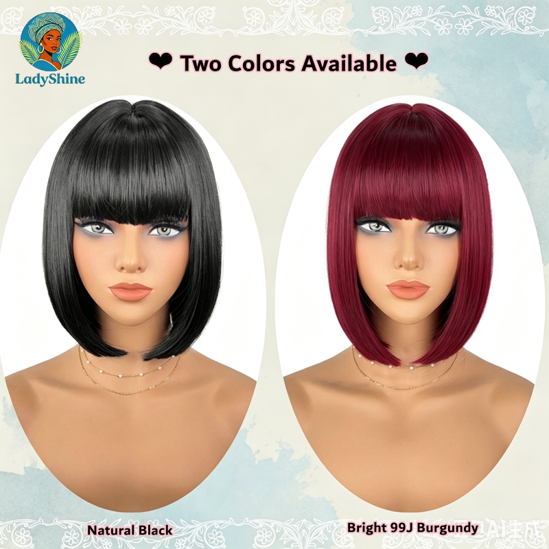【LadyShine】New Arrival 10Inch Short Straight Bob Wigs Full Fringe Bangs, Matte Synthetic Two Color Options, Natural Look Glueless Rose Mesh Cap for Office Student Daily Shopping Party African Ladies