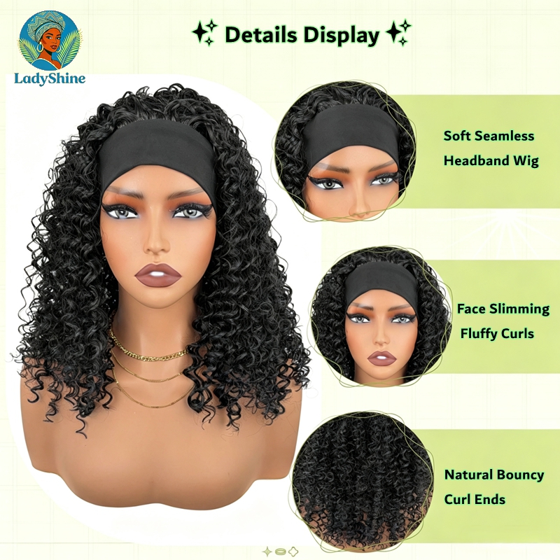【LadyShine】14 Inch Fluffy Kinky Curly Headband Wig Matte Finish Synthetic Hair Natural Look Seamless Ice Silk Headband Glueless Breathable Adjustable Rose Net Daily Wear Wigs For African Black Women