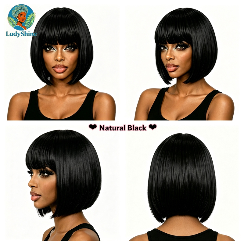 【LadyShine】New Arrival 10Inch Short Straight Bob Wigs Full Fringe Bangs, Matte Synthetic Two Color Options, Natural Look Glueless Rose Mesh Cap for Office Student Daily Shopping Party African Ladies