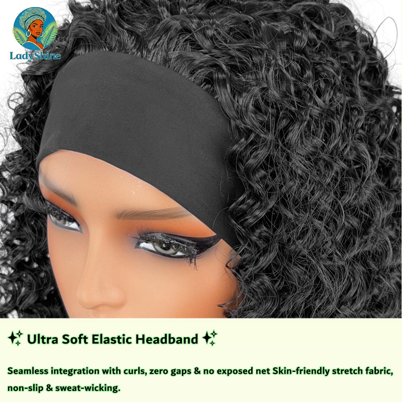 【LadyShine】14 Inch Fluffy Kinky Curly Headband Wig Matte Finish Synthetic Hair Natural Look Seamless Ice Silk Headband Glueless Breathable Adjustable Rose Net Daily Wear Wigs For African Black Women