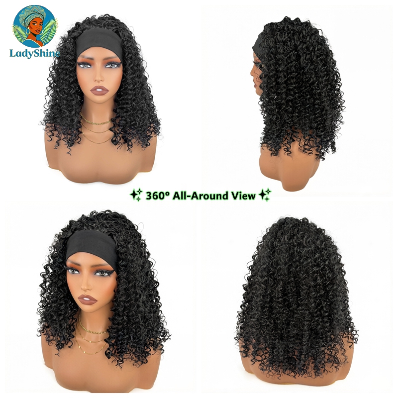 【LadyShine】14 Inch Fluffy Kinky Curly Headband Wig Matte Finish Synthetic Hair Natural Look Seamless Ice Silk Headband Glueless Breathable Adjustable Rose Net Daily Wear Wigs For African Black Women