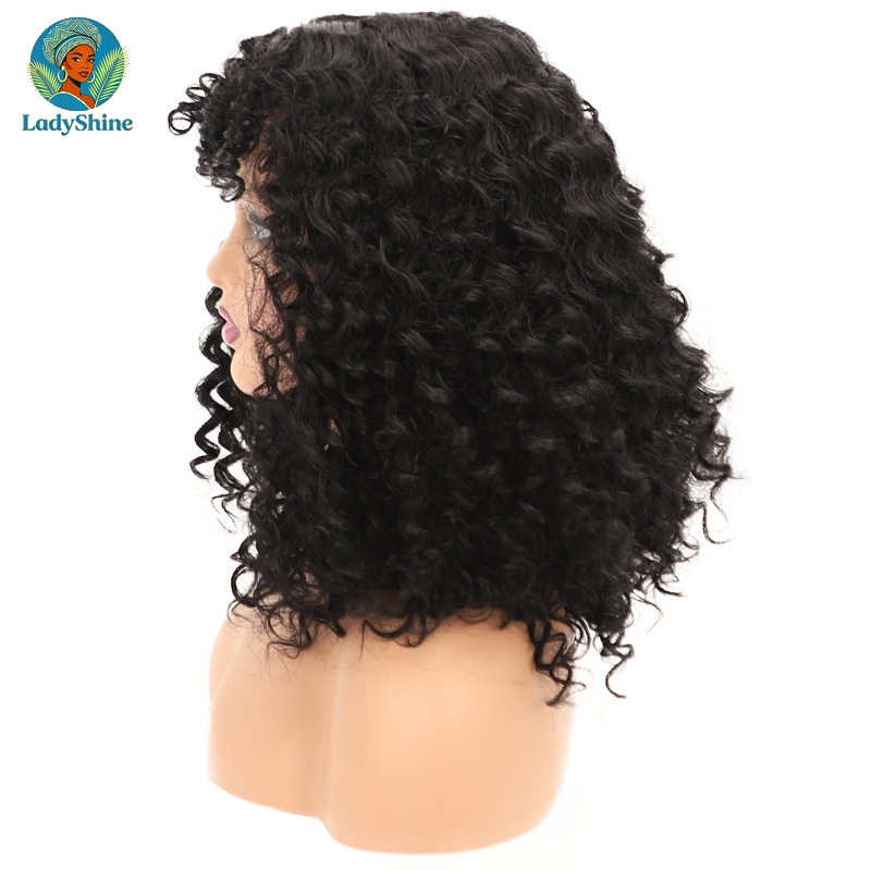 【LadyShine】16Inch Fluffy Afro Kinky Curly Bang Wig,Matte No Gloss High Temp Hair,Realistic Scalp Natural Hairline,Breathable Adjustable Rose Net Black Wig For African Women Daily Outdoor & Office Use