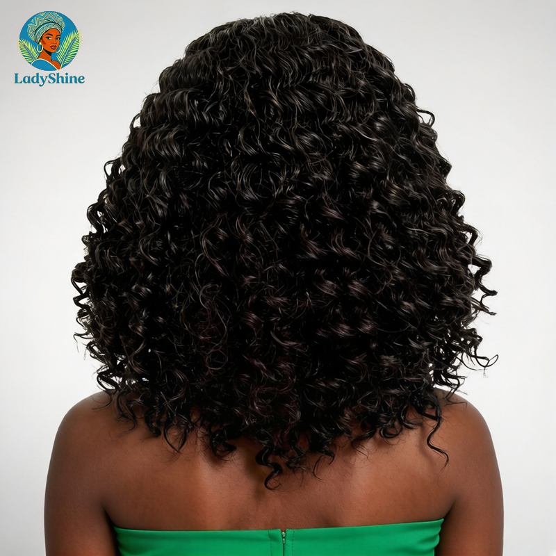 【LadyShine】16Inch Fluffy Afro Kinky Curly Bang Wig,Matte No Gloss High Temp Hair,Realistic Scalp Natural Hairline,Breathable Adjustable Rose Net Black Wig For African Women Daily Outdoor & Office Use