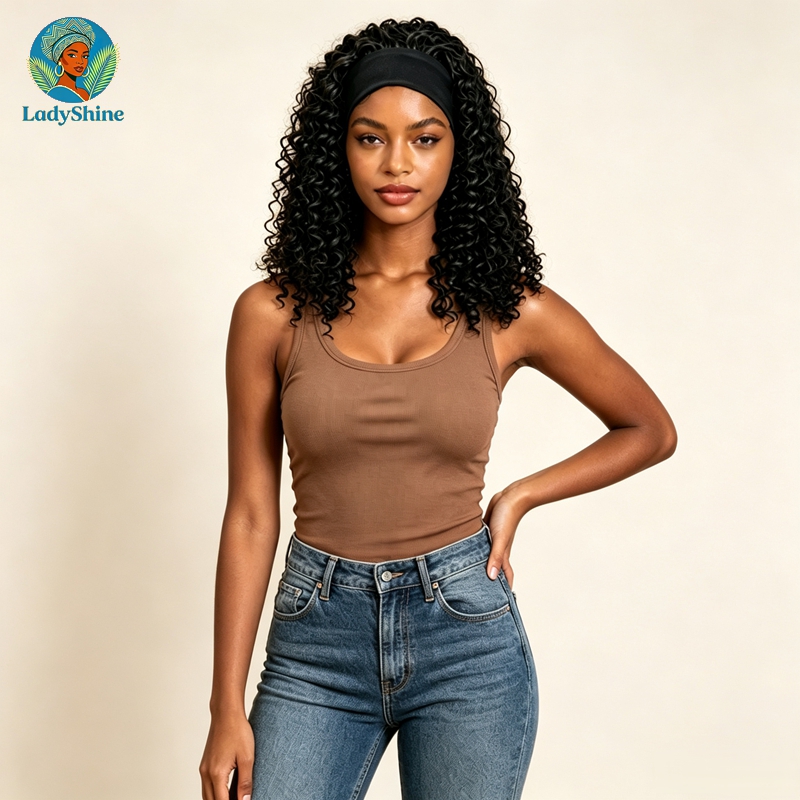 【LadyShine】14 Inch Fluffy Kinky Curly Headband Wig Matte Finish Synthetic Hair Natural Look Seamless Ice Silk Headband Glueless Breathable Adjustable Rose Net Daily Wear Wigs For African Black Women