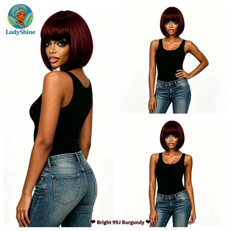 【LadyShine】New Arrival 10Inch Short Straight Bob Wigs Full Fringe Bangs, Matte Synthetic Two Color Options, Natural Look Glueless Rose Mesh Cap for Office Student Daily Shopping Party African Ladies