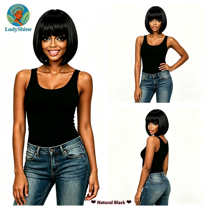 【LadyShine】New Arrival 10Inch Short Straight Bob Wigs Full Fringe Bangs, Matte Synthetic Two Color Options, Natural Look Glueless Rose Mesh Cap for Office Student Daily Shopping Party African Ladies