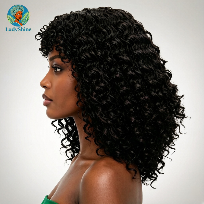 【LadyShine】16Inch Fluffy Afro Kinky Curly Bang Wig,Matte No Gloss High Temp Hair,Realistic Scalp Natural Hairline,Breathable Adjustable Rose Net Black Wig For African Women Daily Outdoor & Office Use