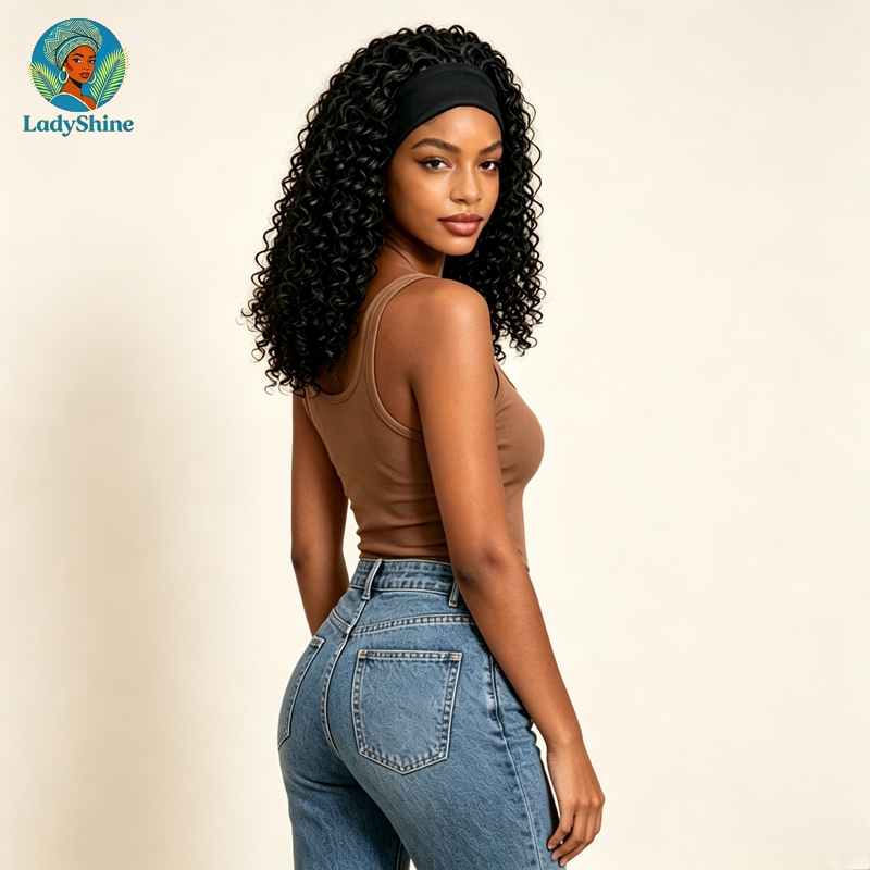 【LadyShine】14 Inch Fluffy Kinky Curly Headband Wig Matte Finish Synthetic Hair Natural Look Seamless Ice Silk Headband Glueless Breathable Adjustable Rose Net Daily Wear Wigs For African Black Women