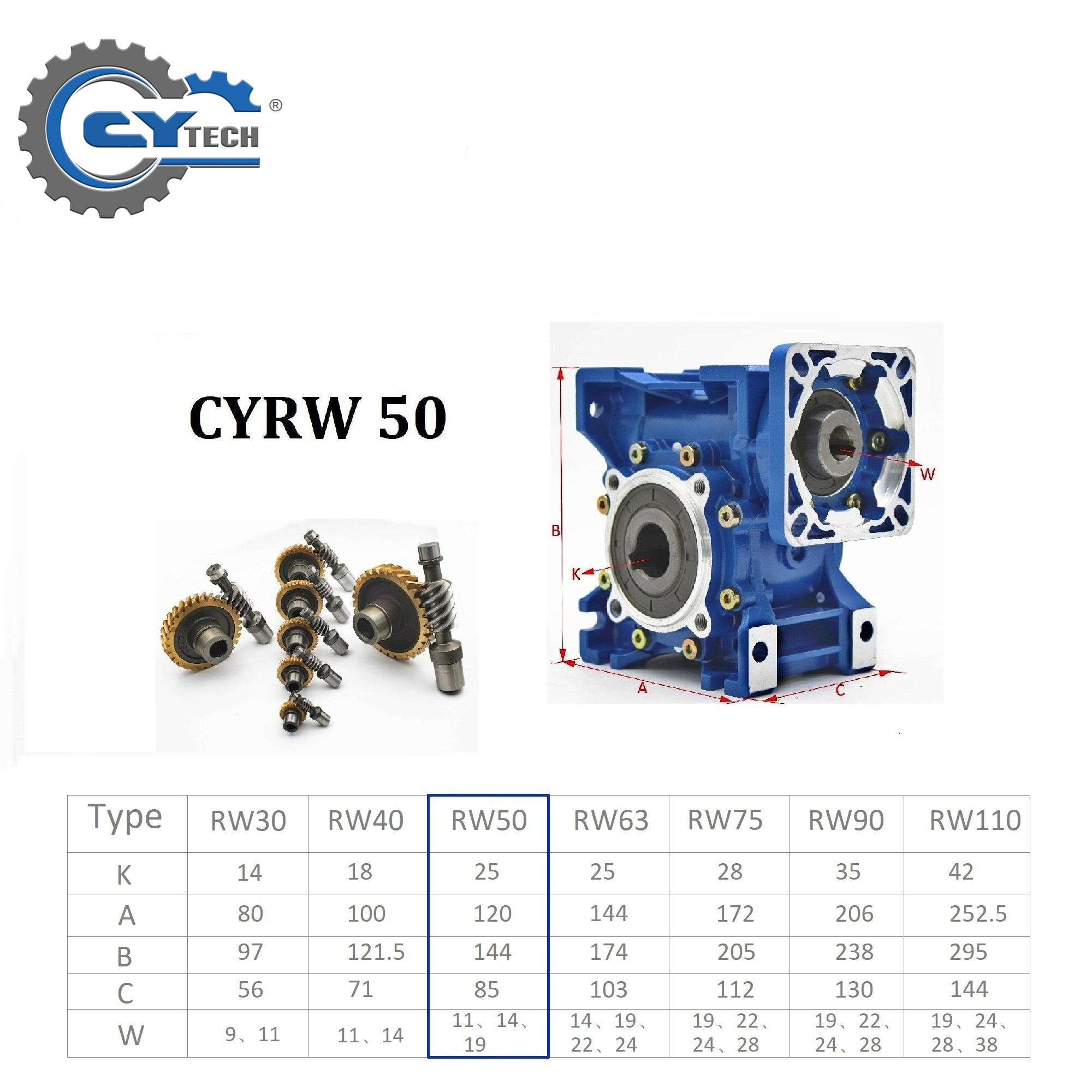 CYRW50 Worm Gearbox High Efficiency Precision Worm Gear with Ratio 7.5:1 to 100:1