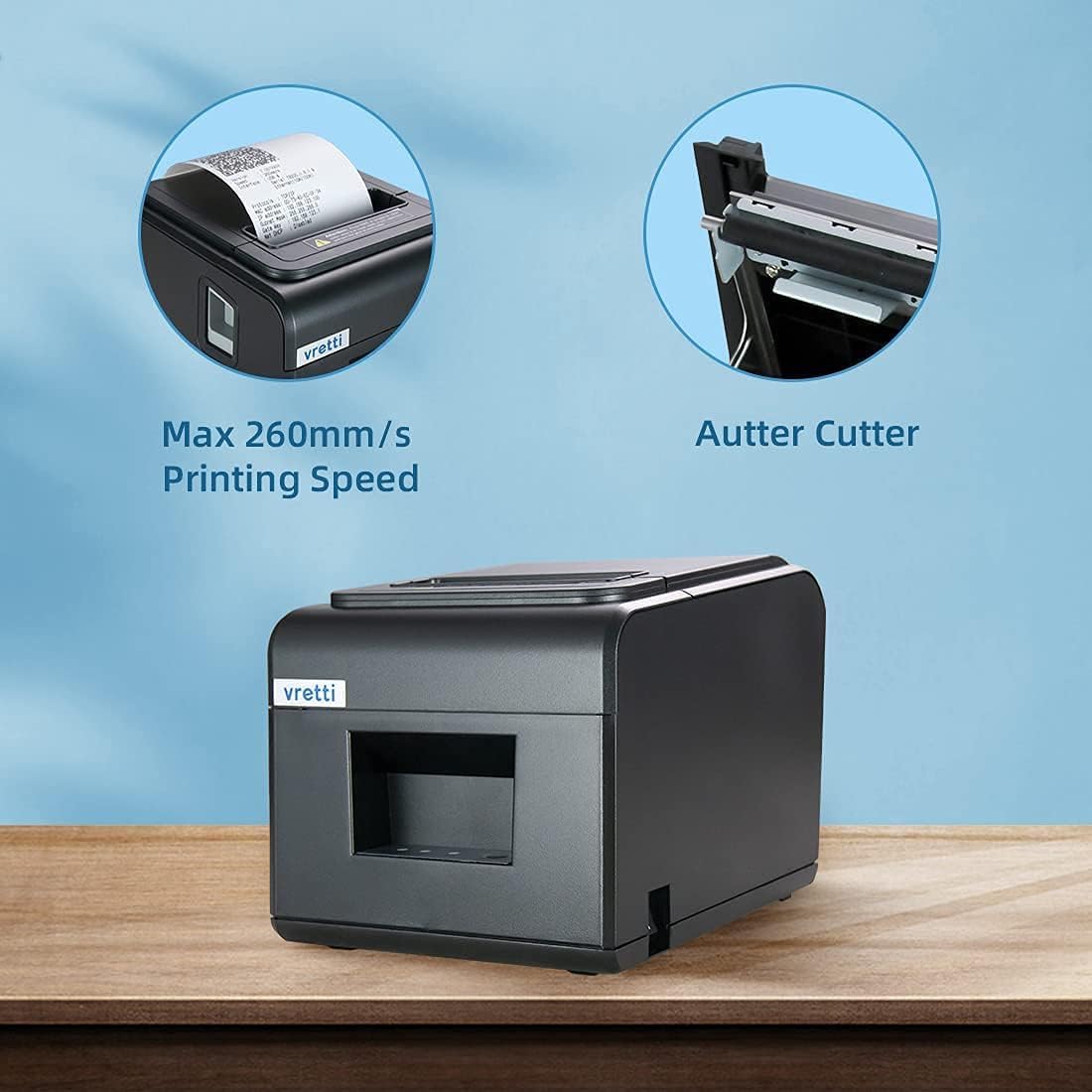 Thermal printer with LAN Cable + USB 80mm thermal receipt printer Compatible with EPSON ESC/ POS & STAR Printing speed 260mm/sec Support to print QR code 80mm thermal roll