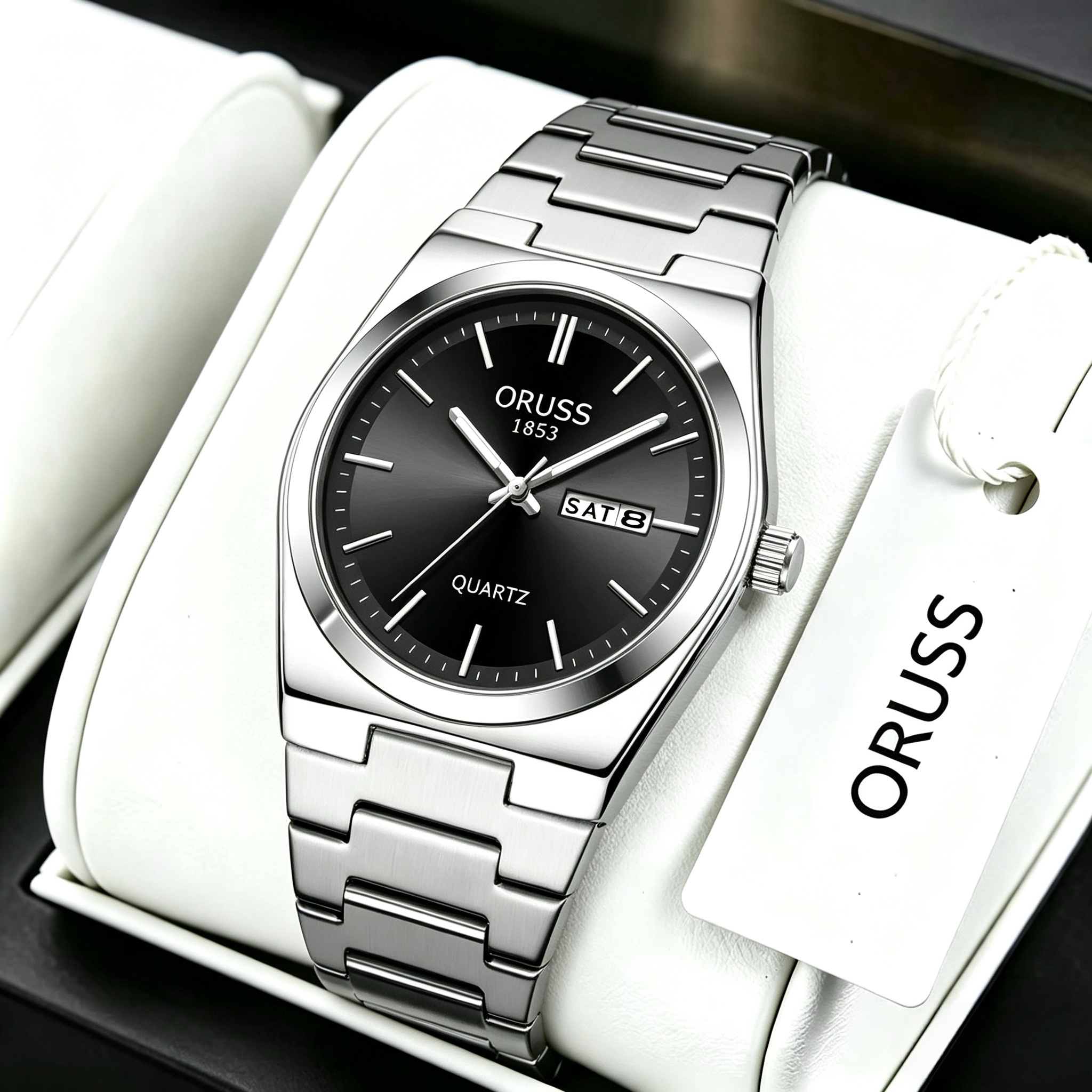 ORUSS 1853 Men's Watch Minimalist Tonneau Style Quartz Watch Brushed Stainless Steel Bracelet Black Blue Sunburst Dial Dual Calendar For Casual Business Wear