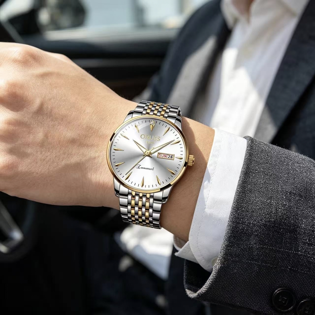 ORUSS 1853 Men's Watch Classic Business Quartz Two Tone Gold Silver Stainless Steel Bracelet White Dial Day Date Diamond Accent Formal Daily Wear Office Anniversary Birthday Gift