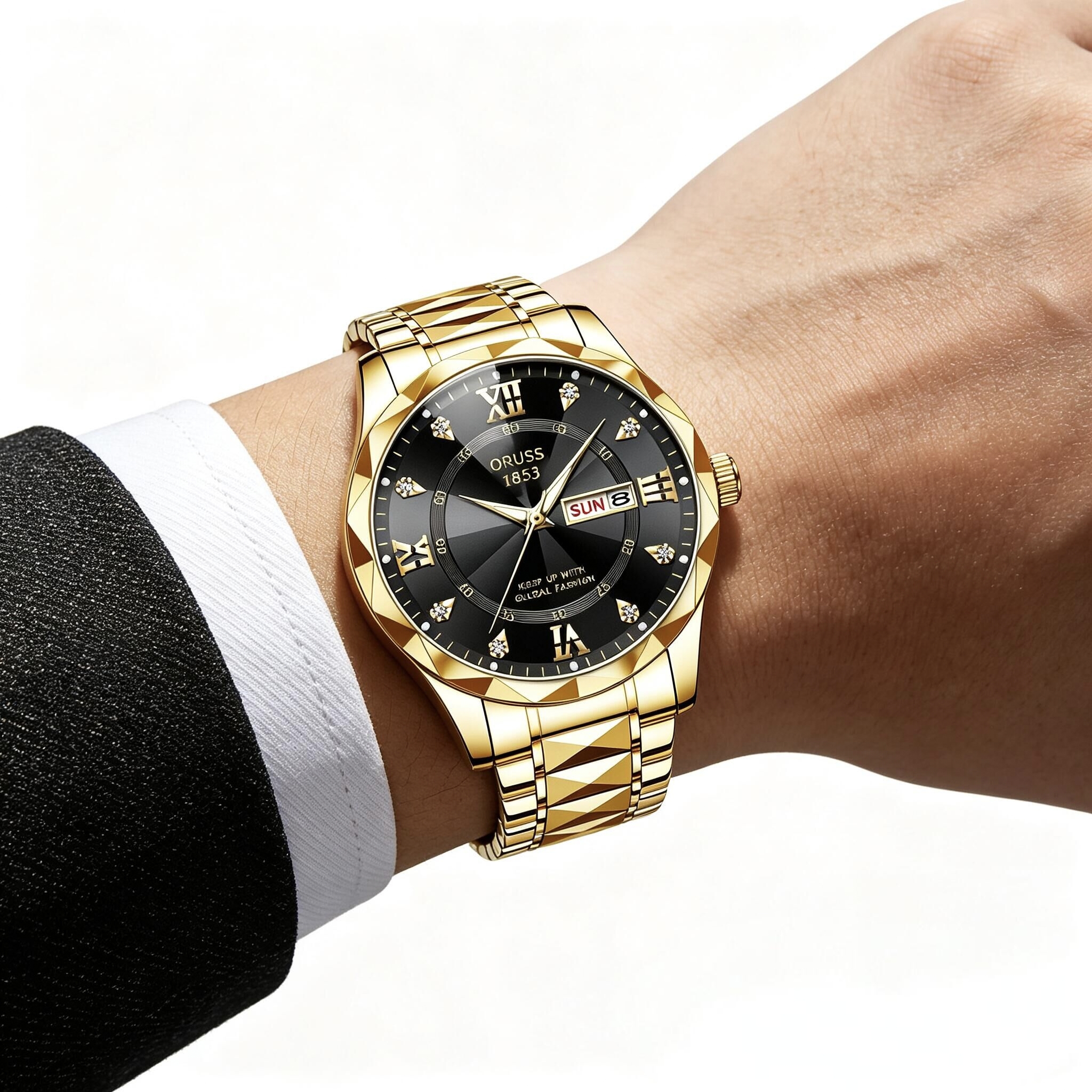 ORUSS 1853 Men's Watch Luxury Rhombus Pointed Crystal Glass Quartz Watch Stainless Steel Bracelet Black Dial Diamond Roman Numeral Day Date For Formal Daily Wear Office Anniversary Birthday