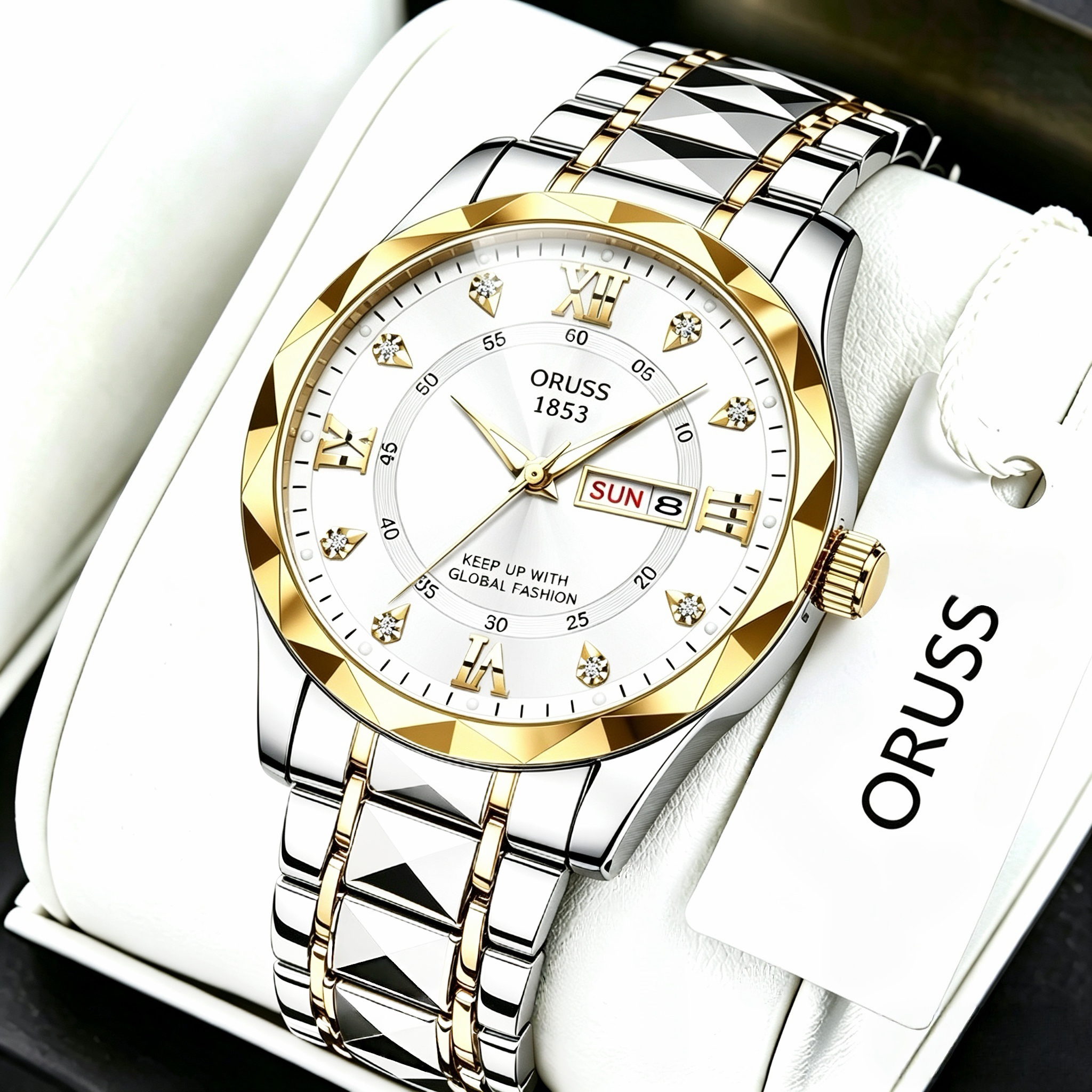 ORUSS 1853 Men's Watch Faceted Crystal Glass Quartz Two Tone Stainless Steel Bracelet Blue White Dial Diamond Roman Numerals Dual Calendar For Business Daily Wear Special Occasions