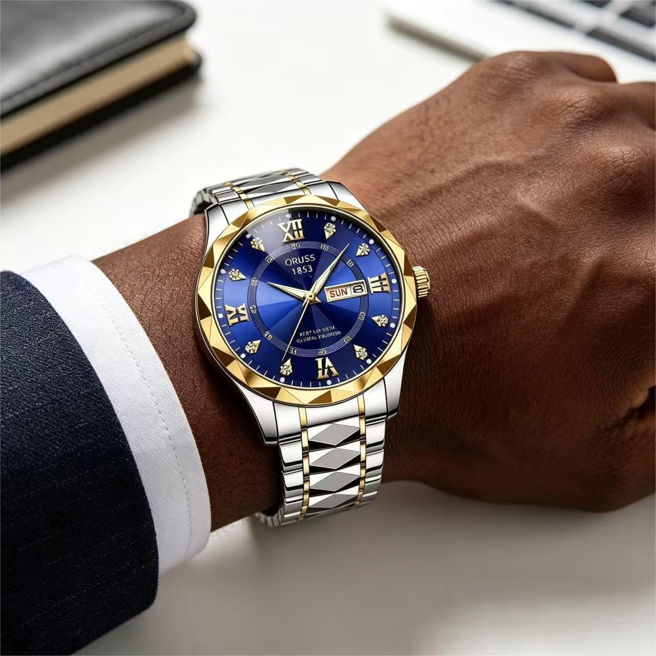 ORUSS 1853 Men's Watch Faceted Crystal Glass Quartz Two Tone Stainless Steel Bracelet Blue White Dial Diamond Roman Numerals Dual Calendar For Business Daily Wear Special Occasions